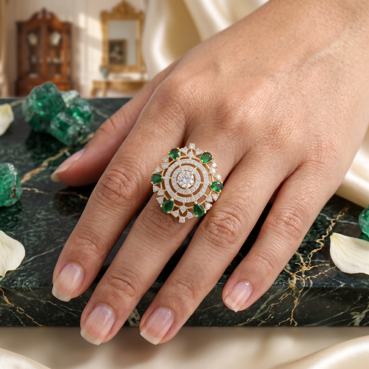 Royal Floral Emerald Statement Silver Ring