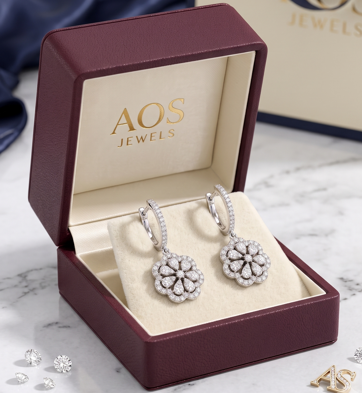 925 Sterling Silver Pave Hoop Floral Drop Earrings
