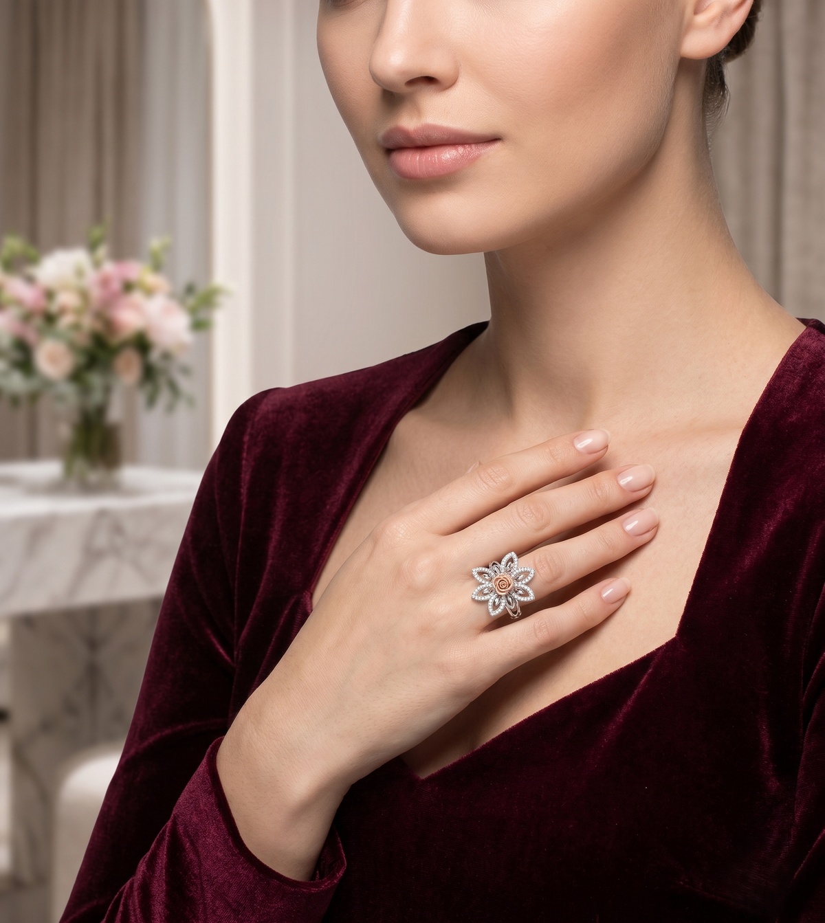 Two-Tone Silver and Rose Gold Floral moissanite Ring
