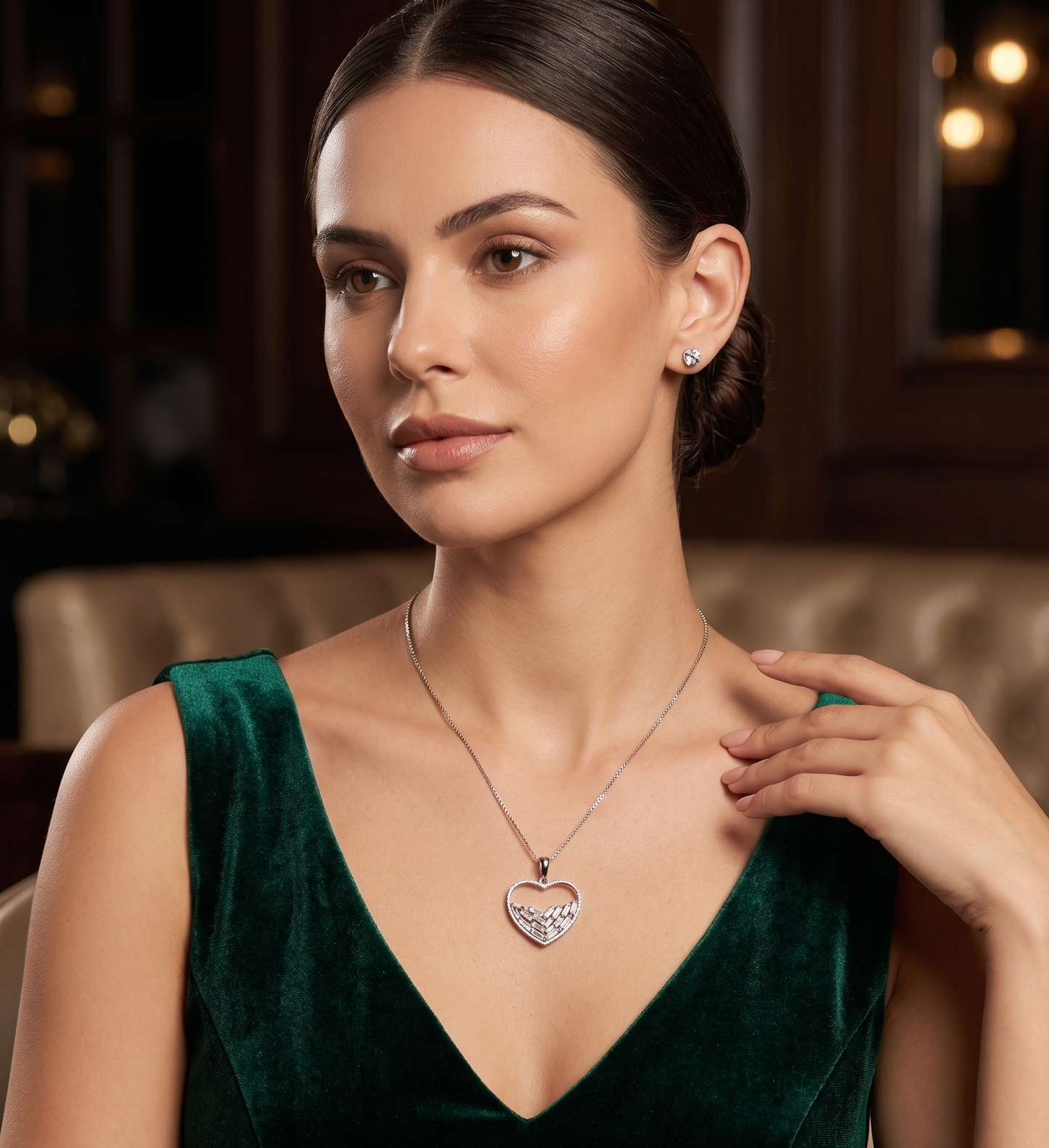 Crystal Mosaic Open Heart Silver Chain Pendant
