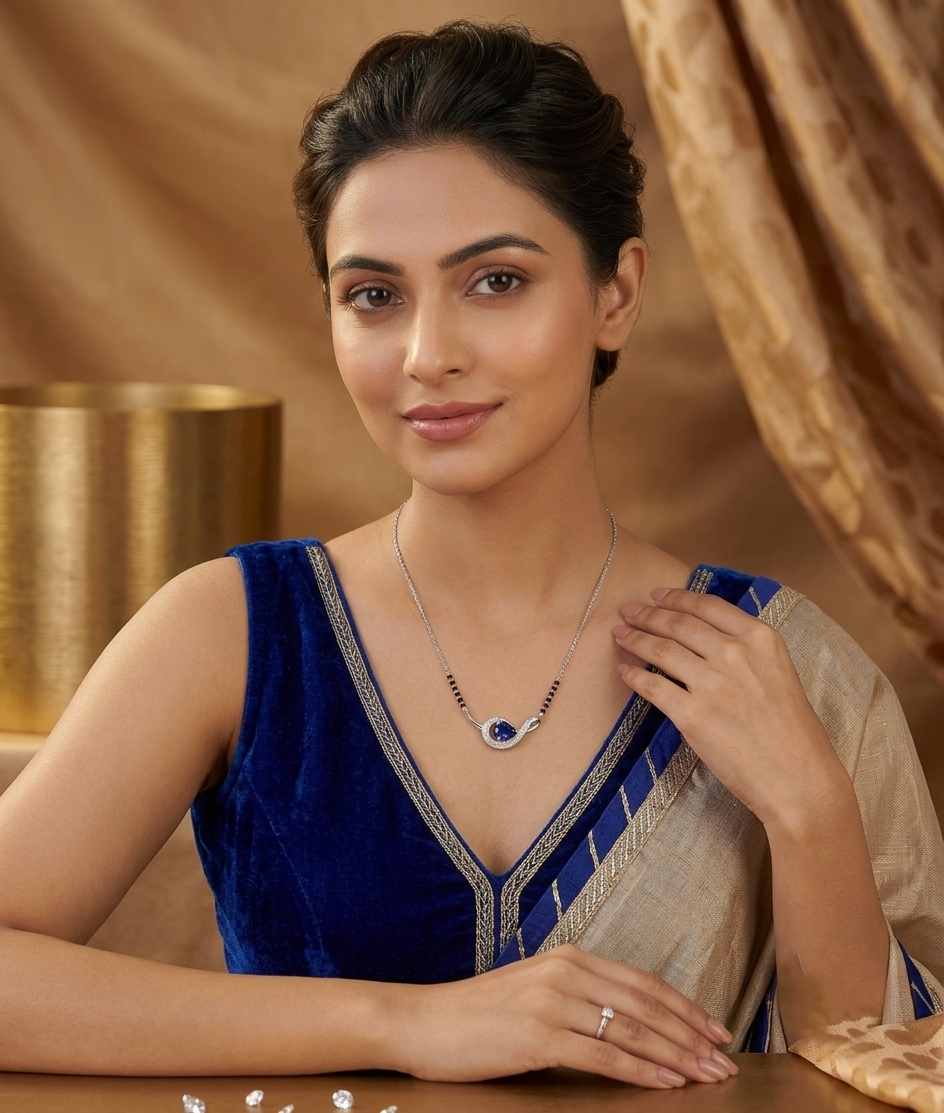 925 Silver Blue Sapphire Color Pear Drop Mangalsutra