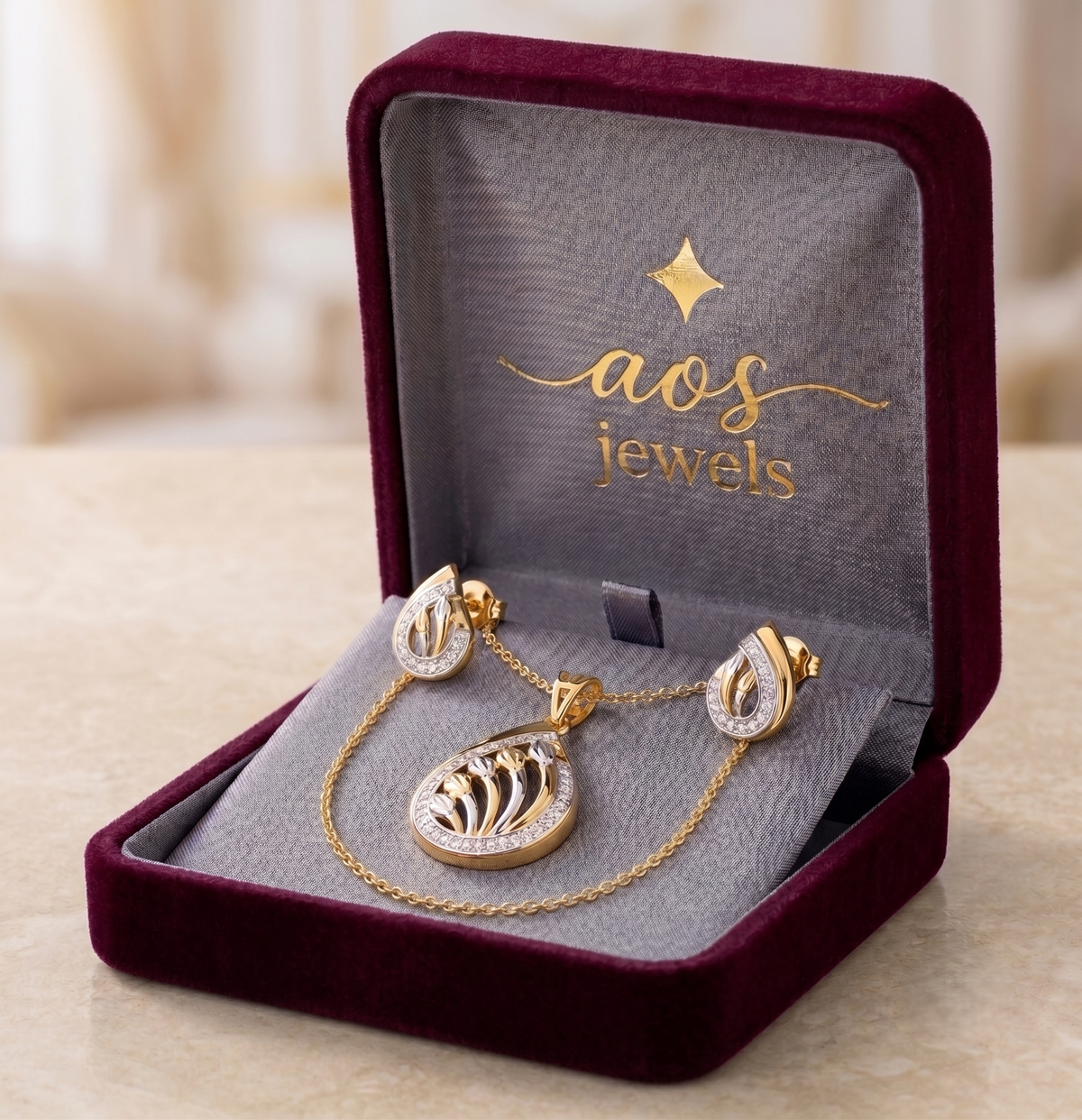 Interlocking Cutwork Floral Teardrop Sterling Silver Pendant Set