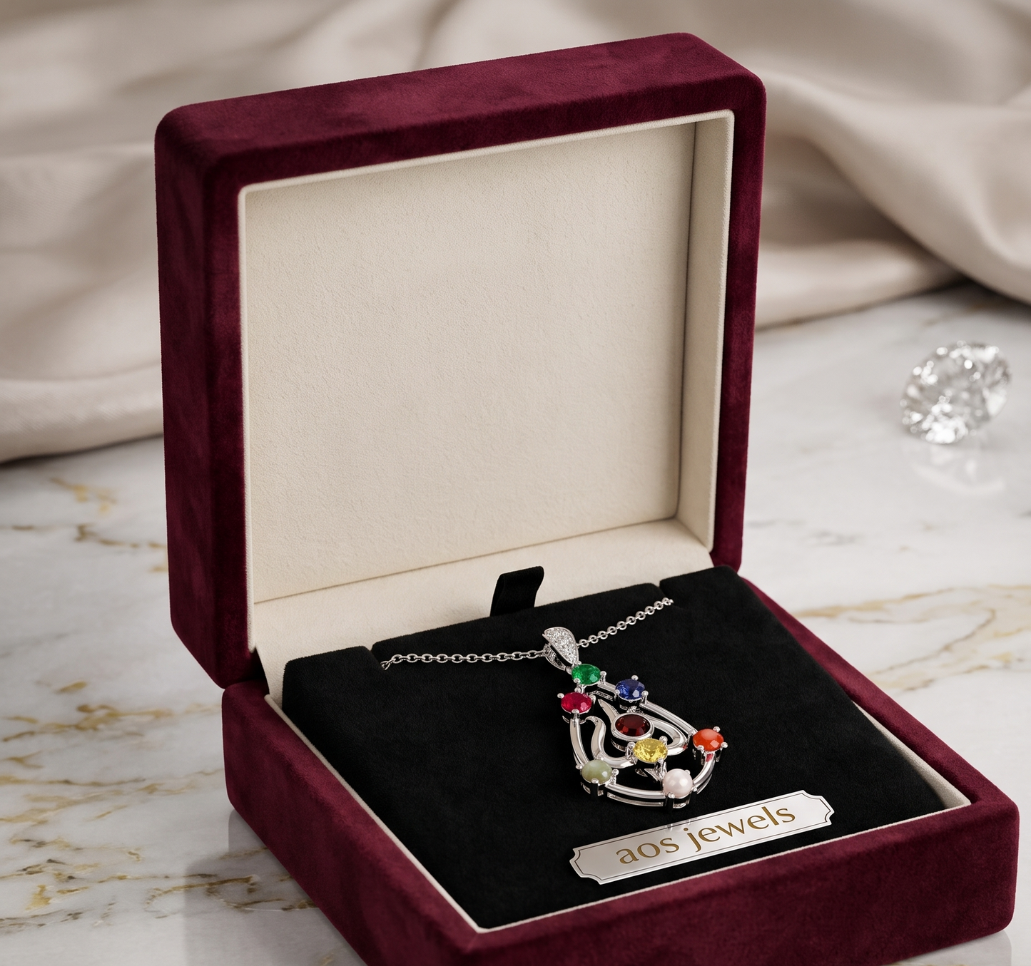 Sterling Silver Navaratna Trishul Pendant