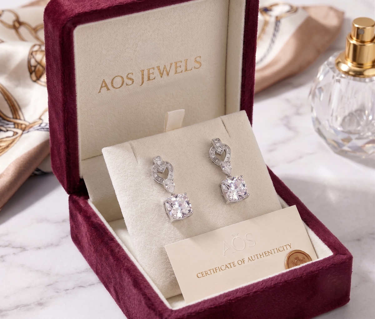 925 Sterling Silver Cushion Cut Moissanite Drop Earrings