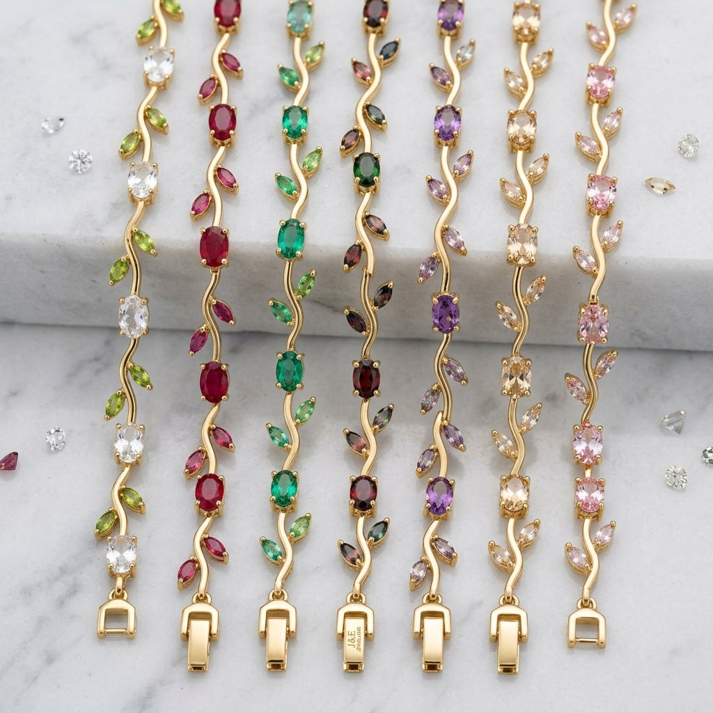 Wavy Leaf and Vine Gemstone Link Silver Bracelet