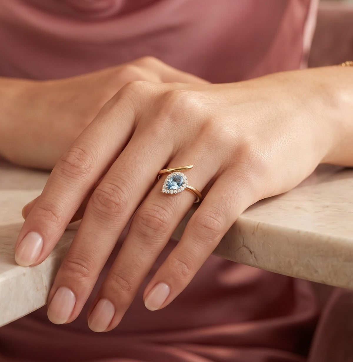 925 Sterling Silver Pear Cut Aquamarine-Style Ring