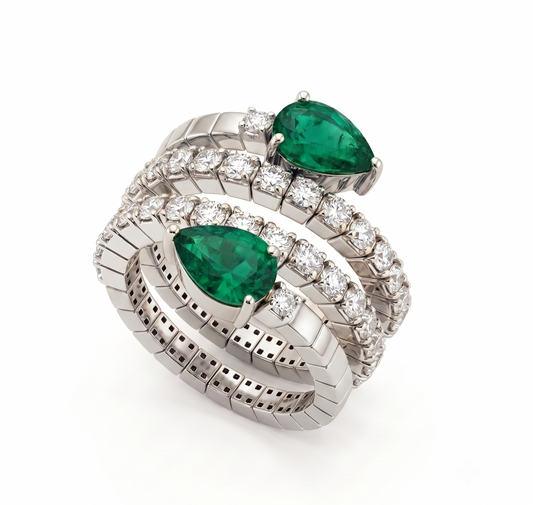 Luminous Pear Emerald & Pavé Silver Spiral Ring