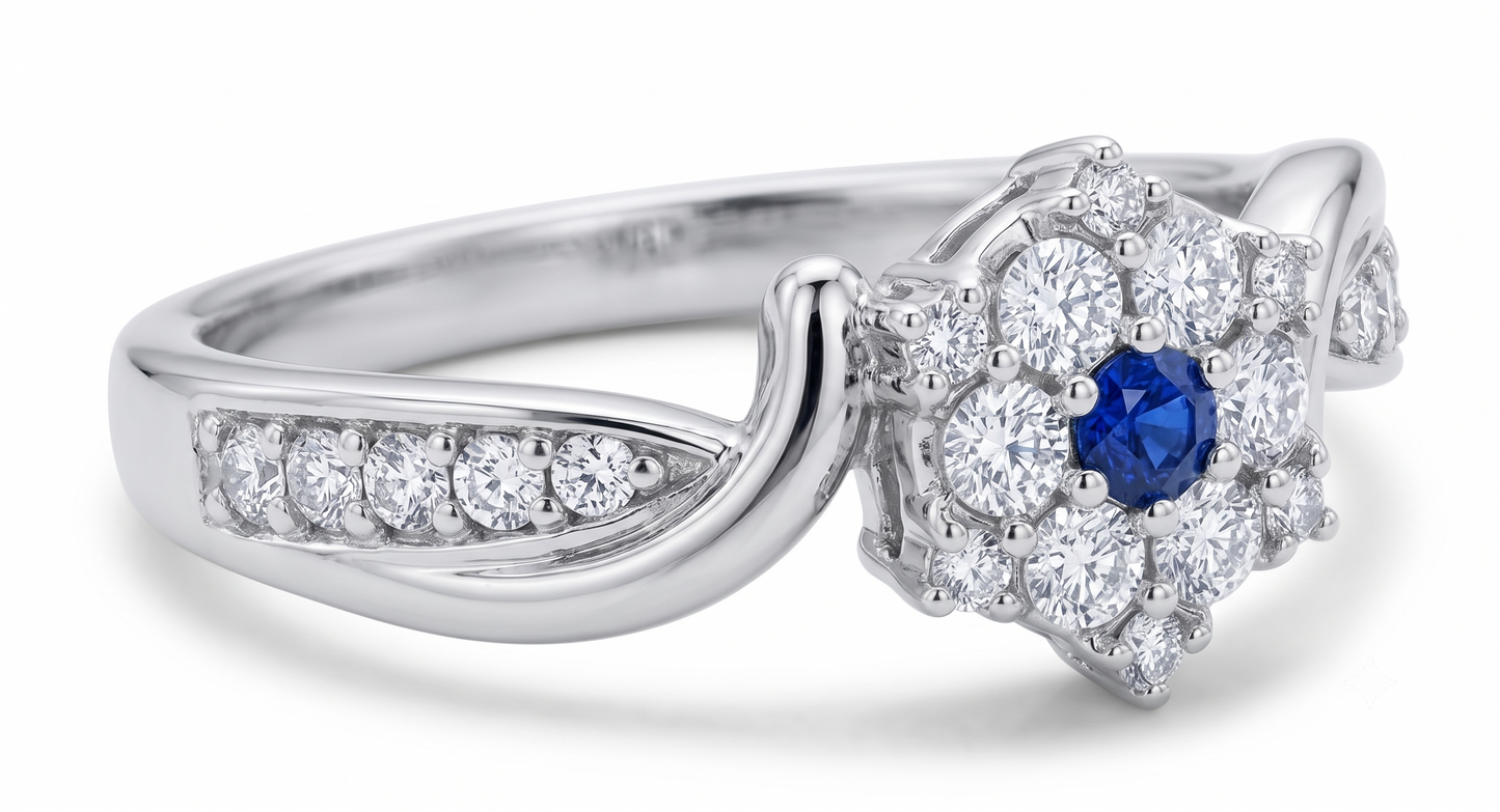 Sterling Silver Snowflake Cluster Ring with Blue Center Stone