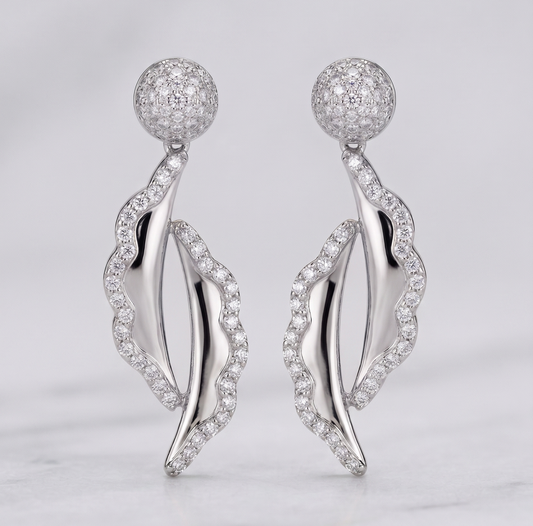 Abstract Wavy Leaf Moissanite Drop Earrings in Silver