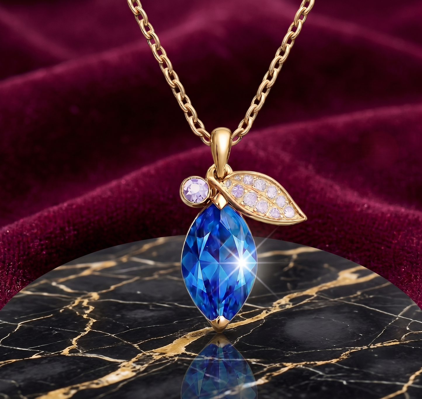 Vibrant Blue Drop Pendant With Pave Silver Leaf