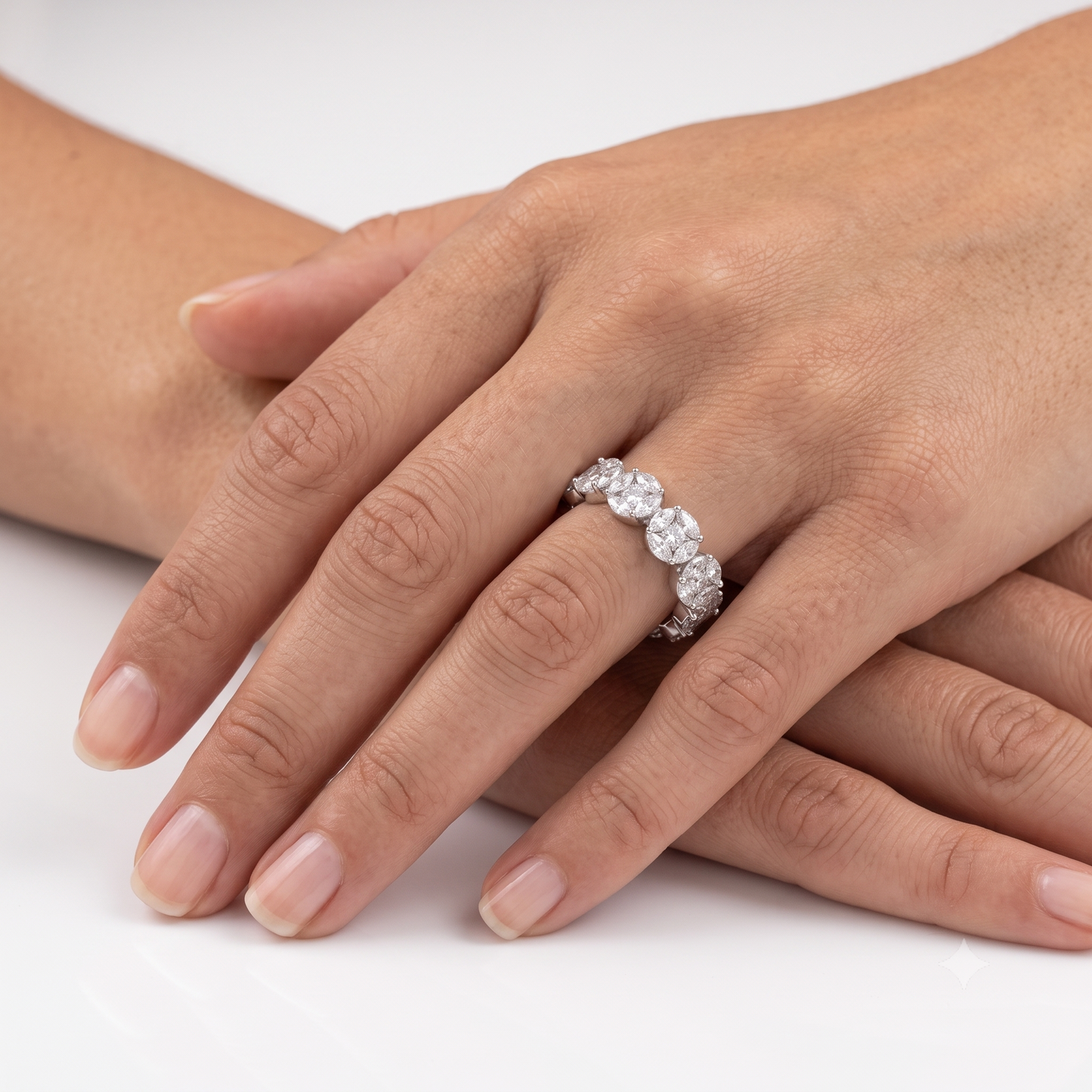 Silver Round and Marquise Cluster Eternity Band