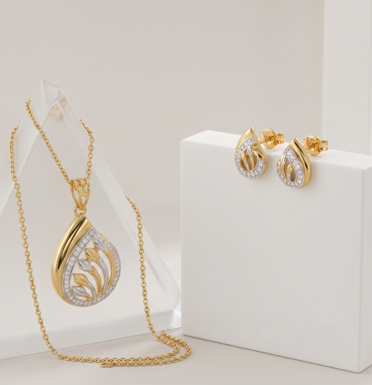 Interlocking Cutwork Floral Teardrop Sterling Silver Pendant Set