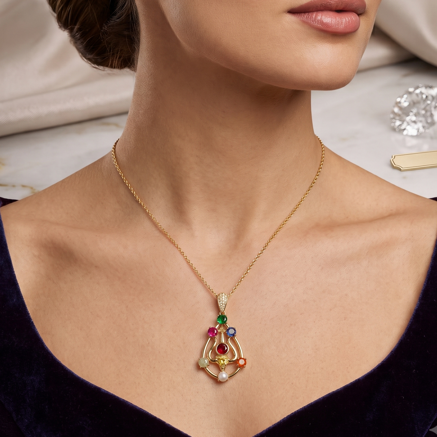 Sterling Silver Navaratna Trishul Pendant