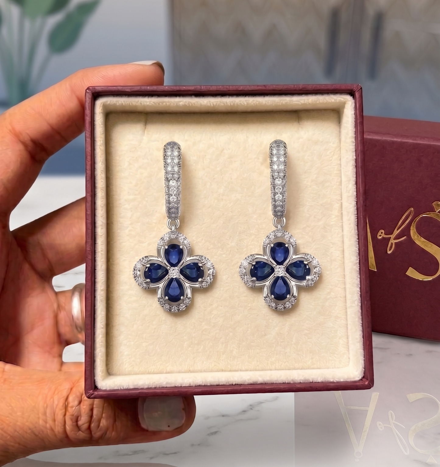 Sapphire Blossom Silver Clover Drop Earrings