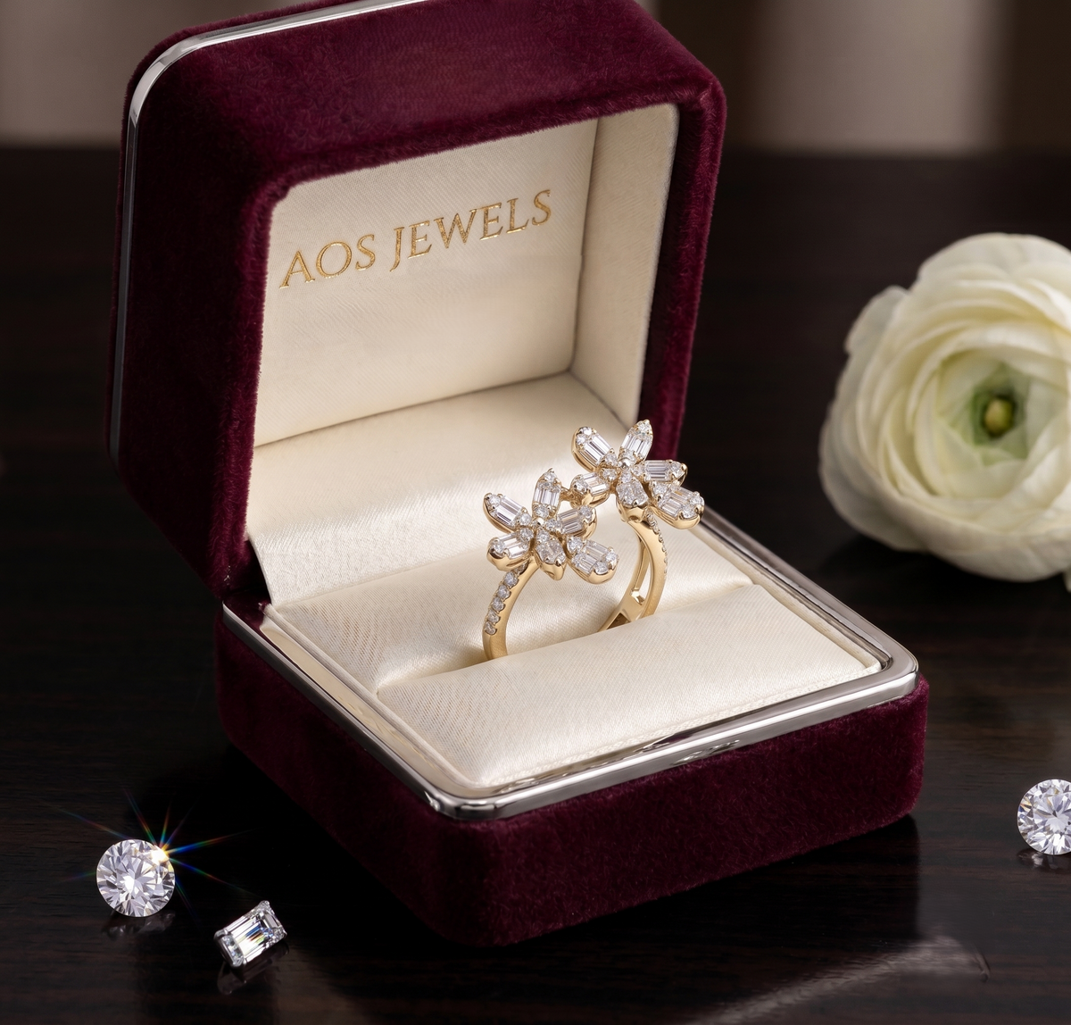 Sterling Silver Baguette Floral Duo Ring
