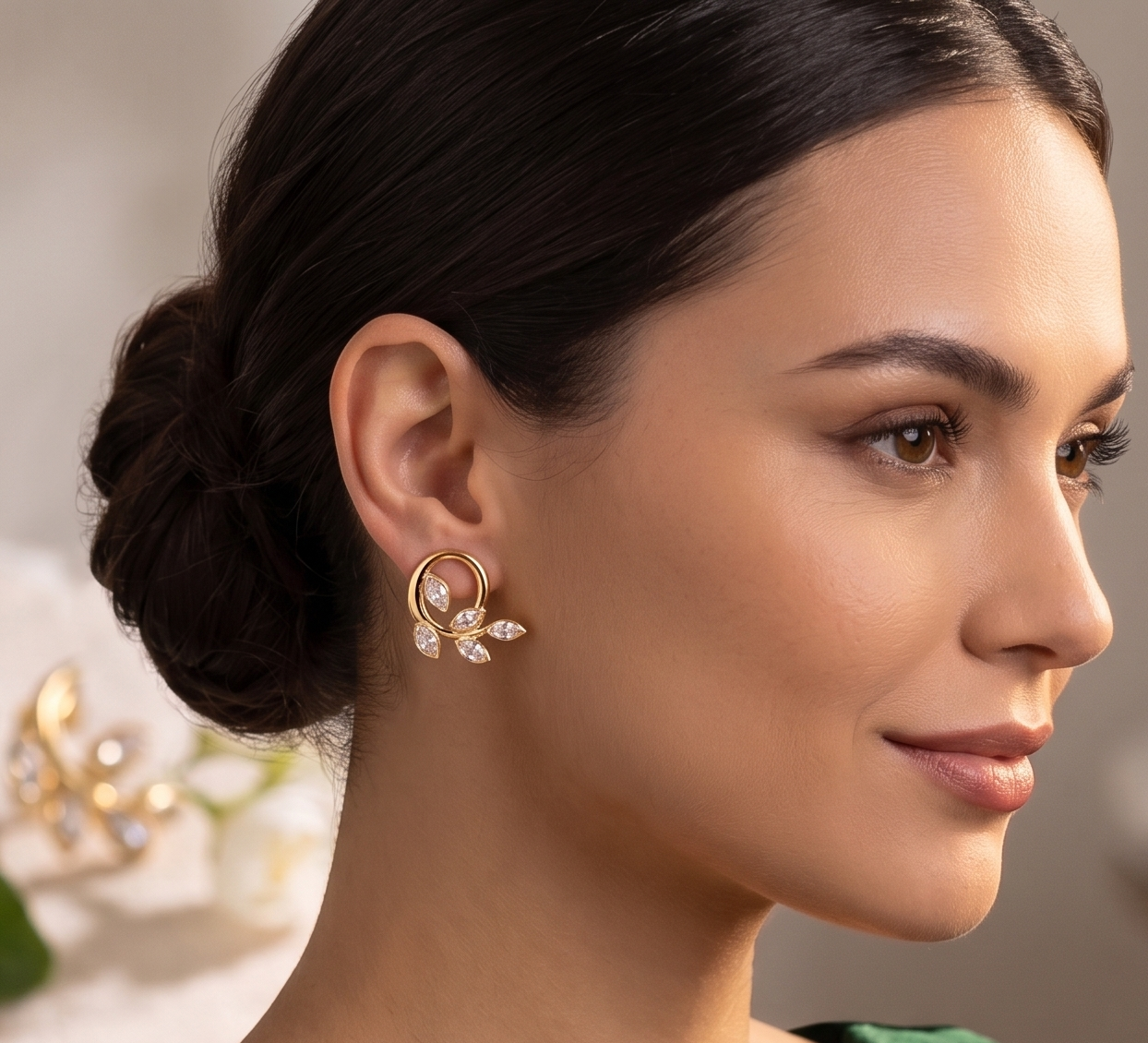 Sparkling Marquise Leaf Motif Silver Earrings