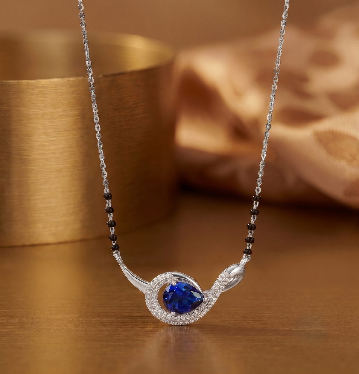 925 Silver Blue Sapphire Color Pear Drop Mangalsutra
