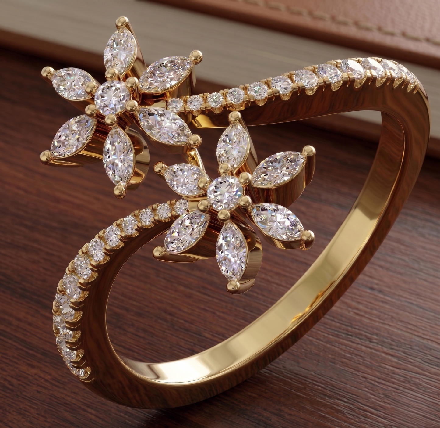 Silver Marquise Double Flower Bypass Ring