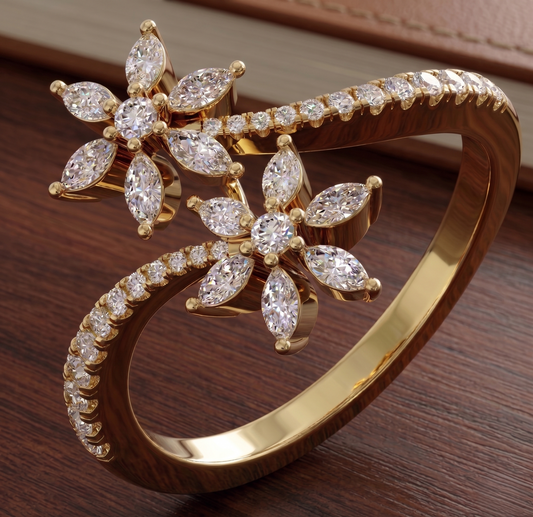 Silver Marquise Double Flower Bypass Ring