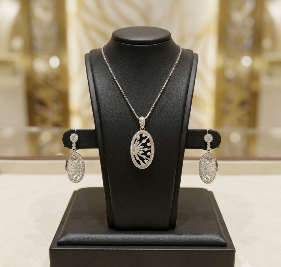 925 Sterling Silver Oval Sunburst Pendant Set