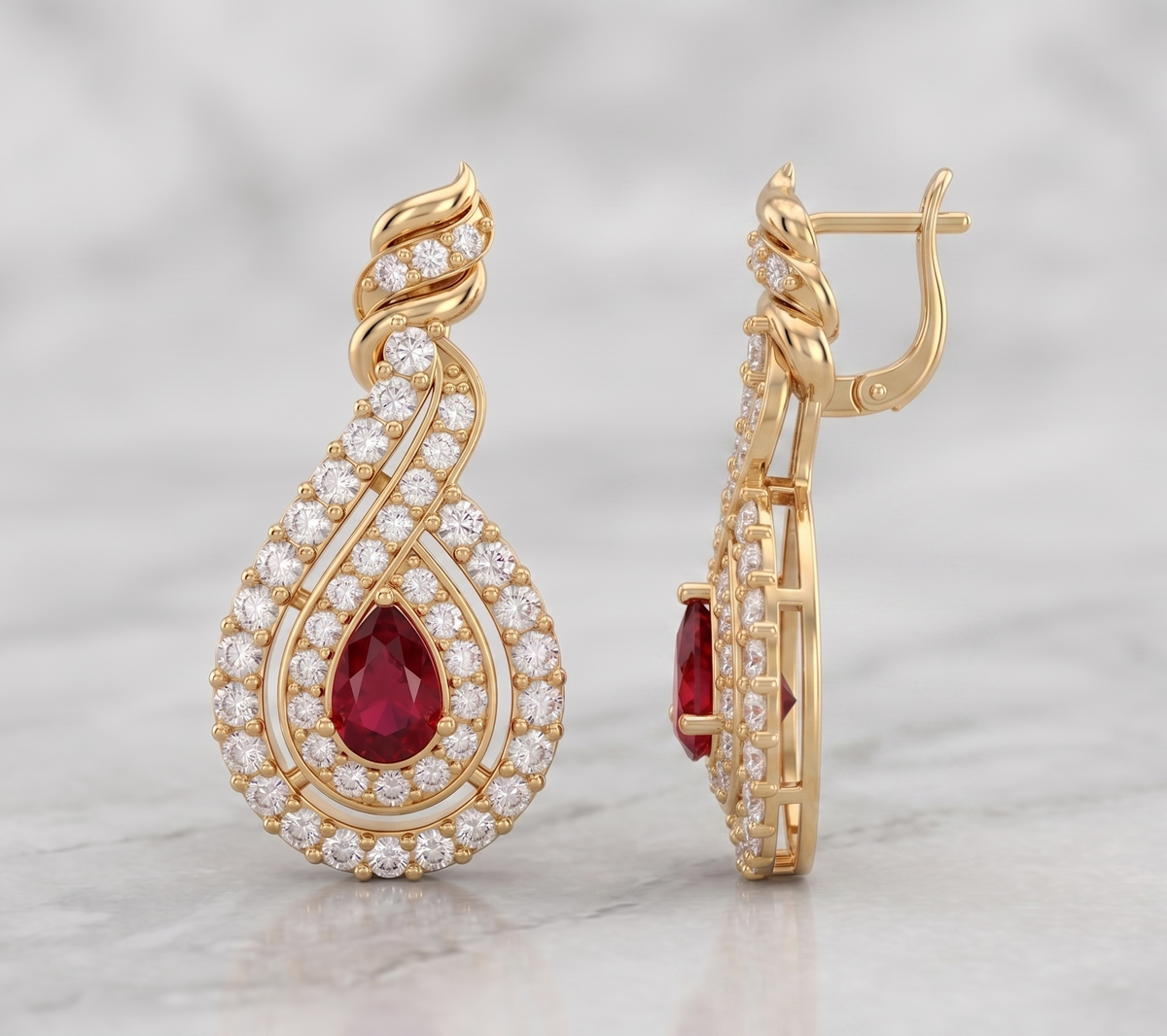 Silver Teardrop Ruby and moissanite Halo Drop Earrings