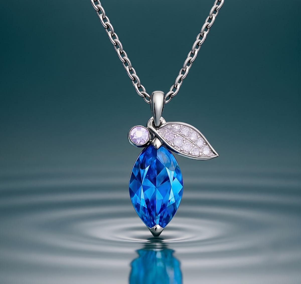 Vibrant Blue Drop Pendant With Pave Silver Leaf