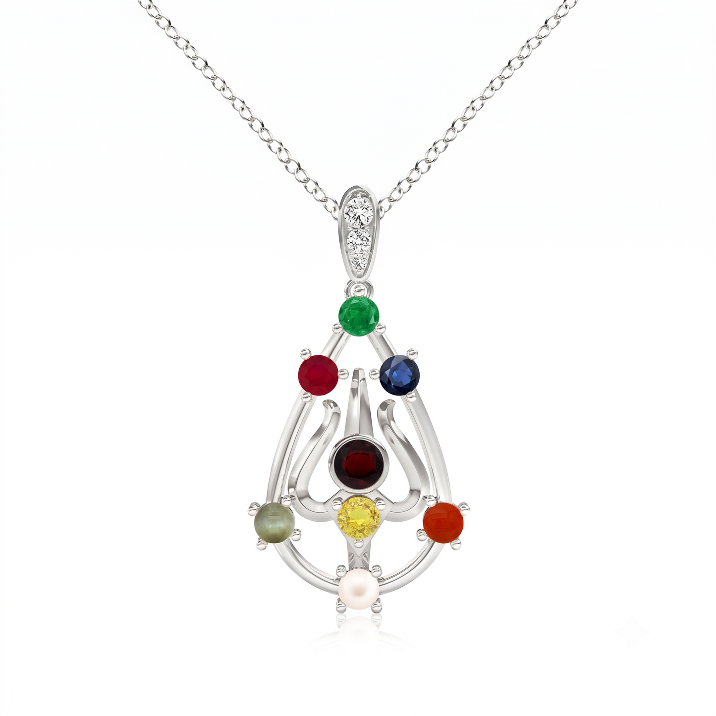 Sterling Silver Navaratna Trishul Pendant
