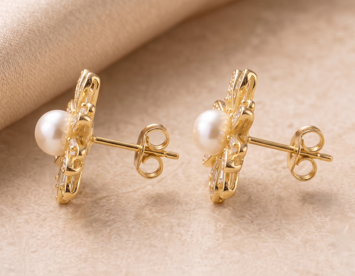 Pearl and Moissanite Sunburst Stud Earrings in Silver