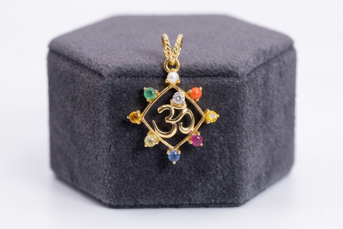 Silver Rhombus Om Charm with 9 Gemstones