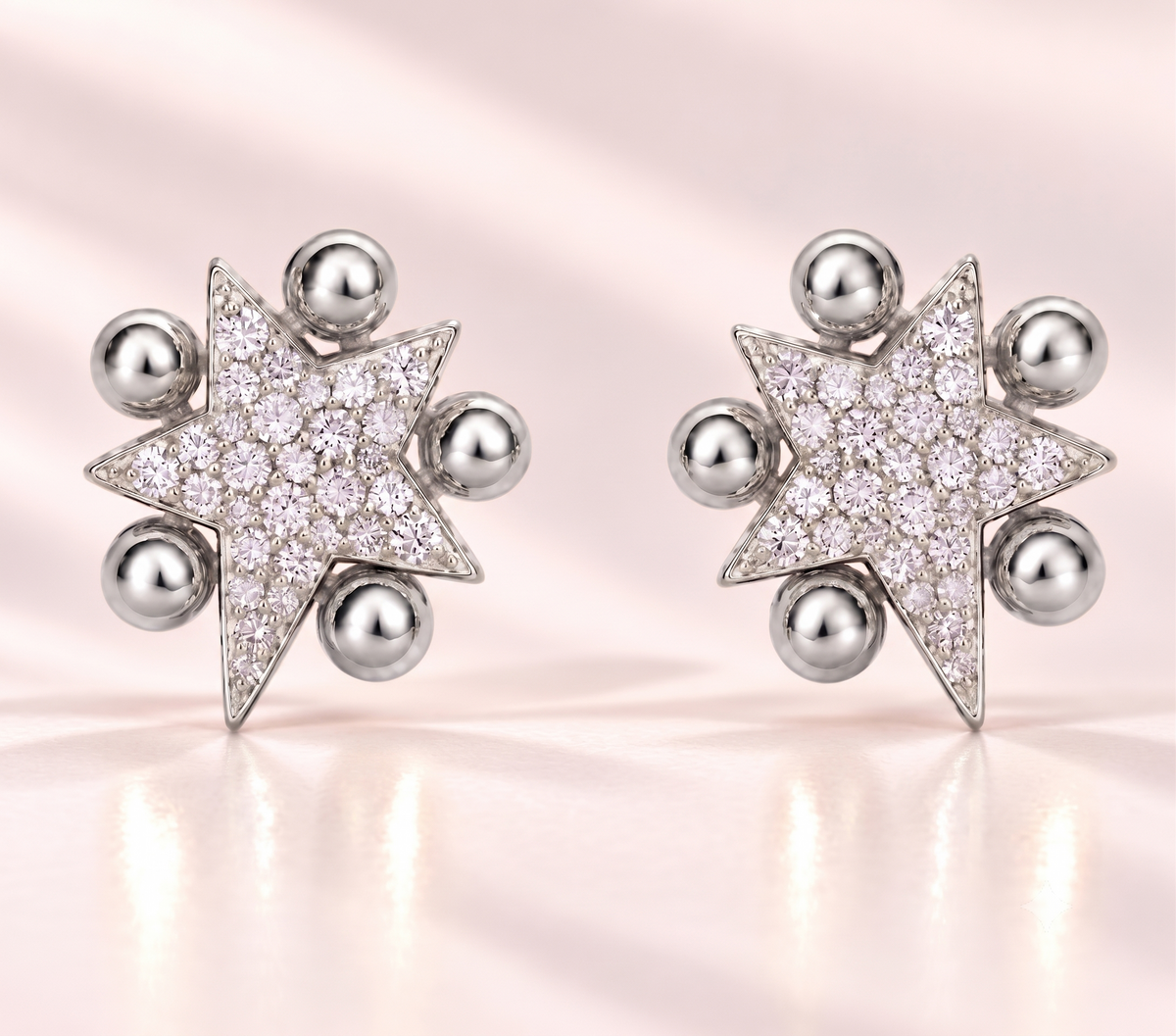 Six-Point Pave Star Beaded Stud Silver Earring