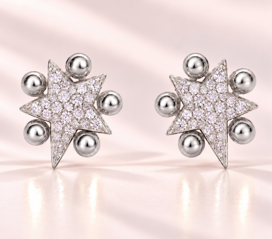 Six-Point Pave Star Beaded Stud Silver Earring