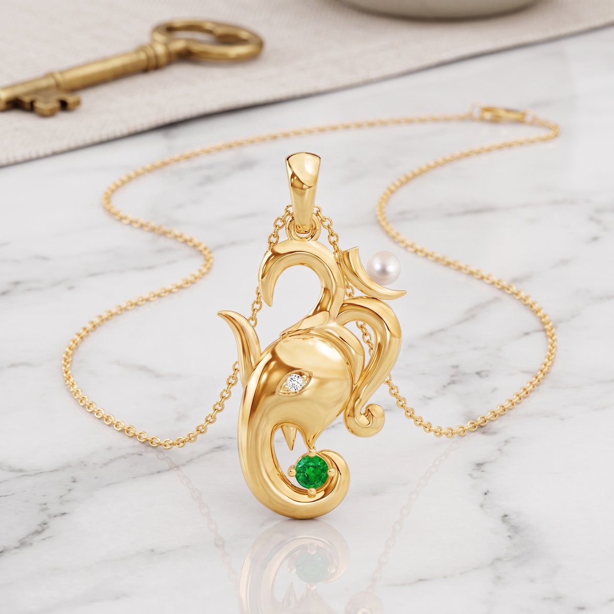Om Ganesha Silver Pendant with Green Gemstone