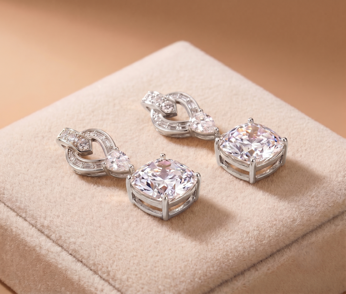 925 Sterling Silver Cushion Cut Moissanite Drop Earrings
