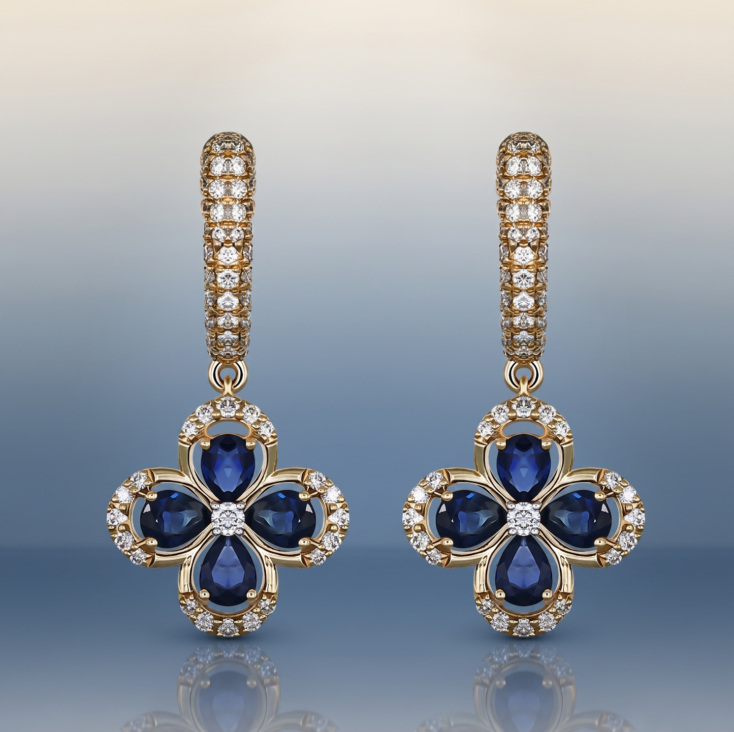 Sapphire Blossom Silver Clover Drop Earrings
