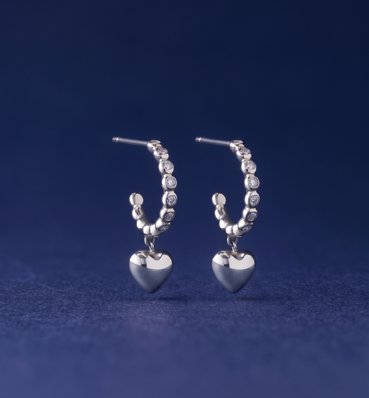 Enchanting Silver Heart Charm Hoop Earrings