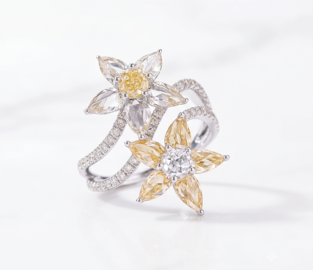 925 Sterling Silver Double Radiant Twin Flower Silver Ring