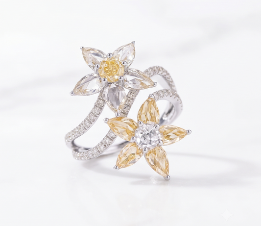 925 Sterling Silver Double Radiant Twin Flower Silver Ring