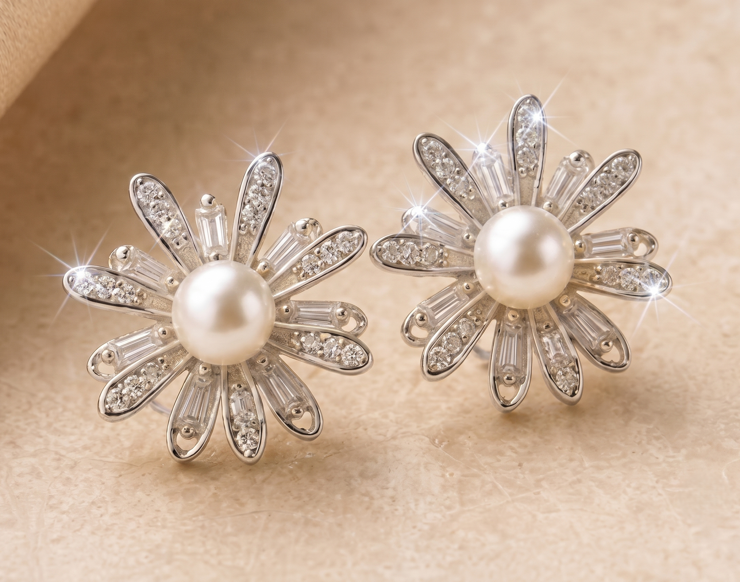 Pearl and Moissanite Sunburst Stud Earrings in Silver