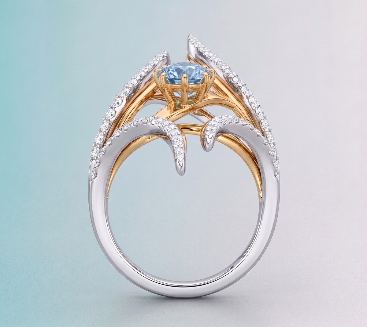 925 Sterling Silver Two-Tone Swirl Ring with Blue Solitaire