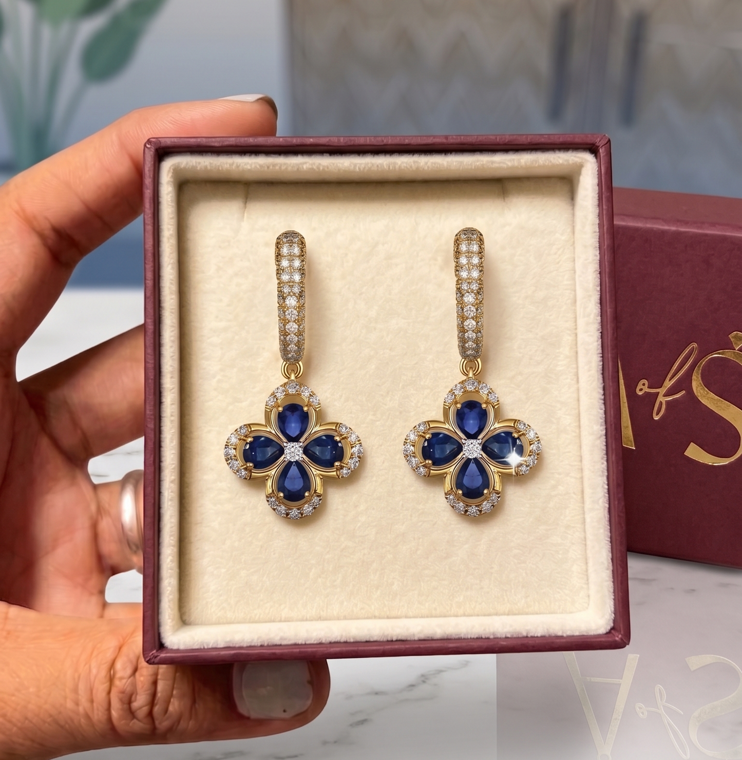 Sapphire Blossom Silver Clover Drop Earrings