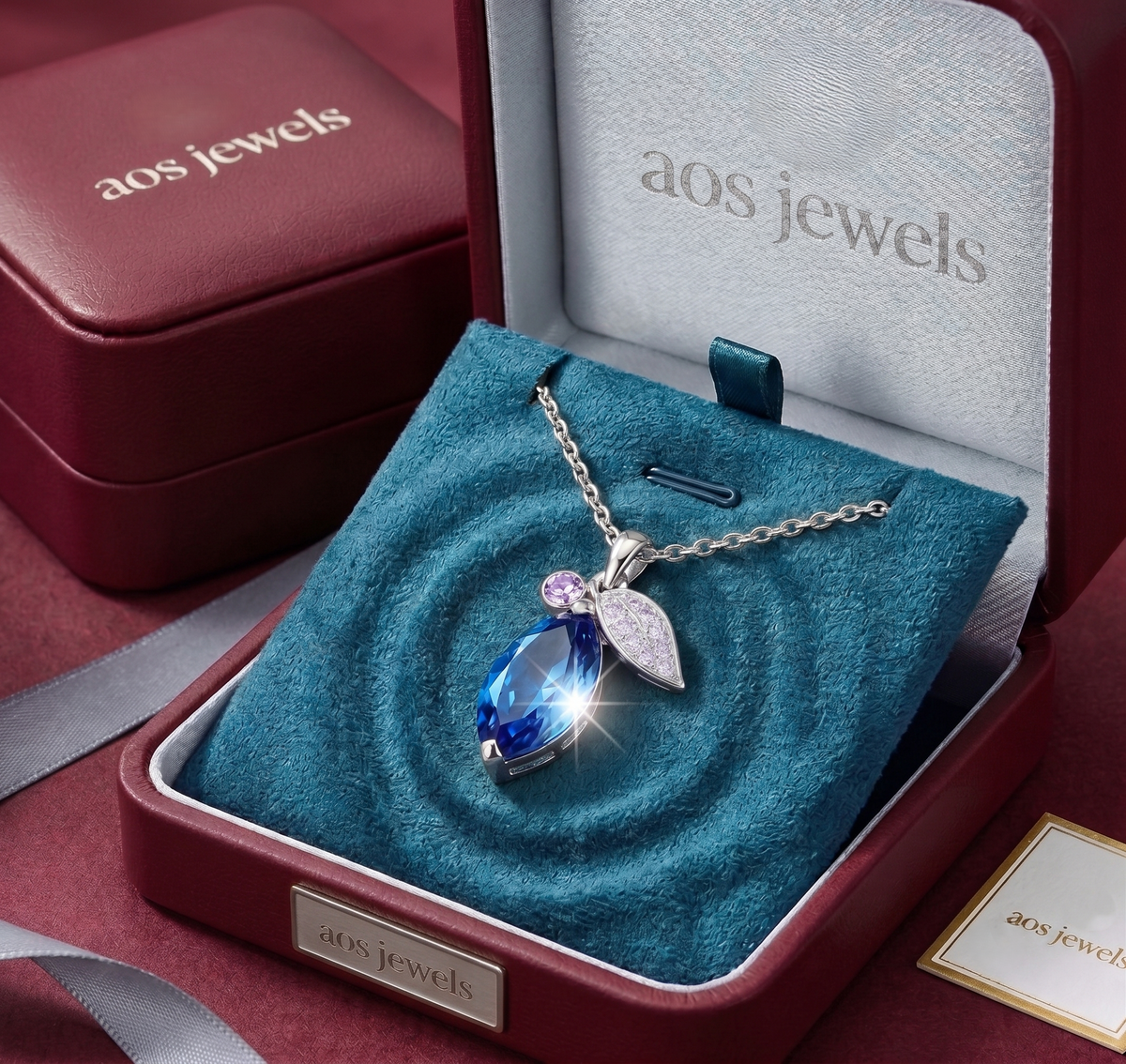 Vibrant Blue Drop Pendant With Pave Silver Leaf