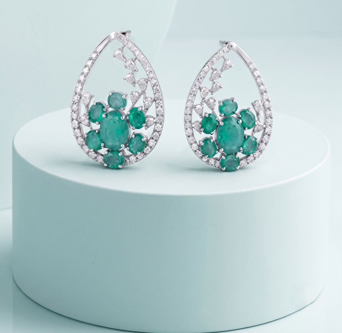 925 Silver Emerald Cluster Teardrop Earrings