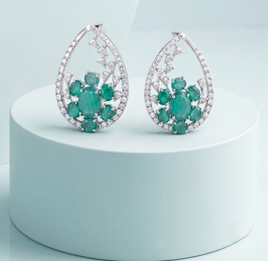 925 Silver Emerald Cluster Teardrop Earrings