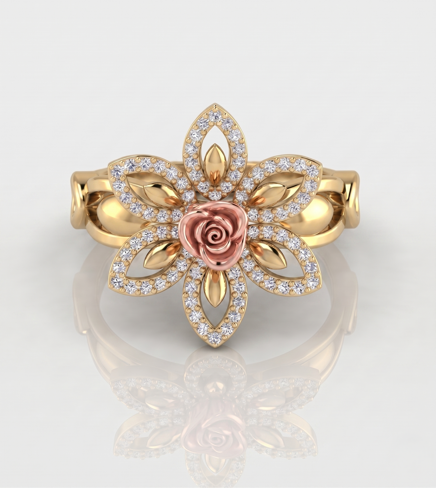 Two-Tone Silver and Rose Gold Floral moissanite Ring