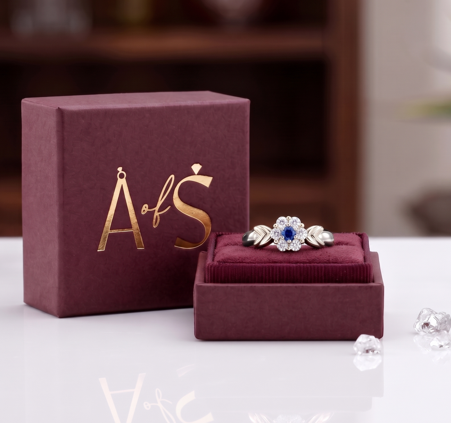 Sterling Silver Blue Sapphire Floral Halo Ring