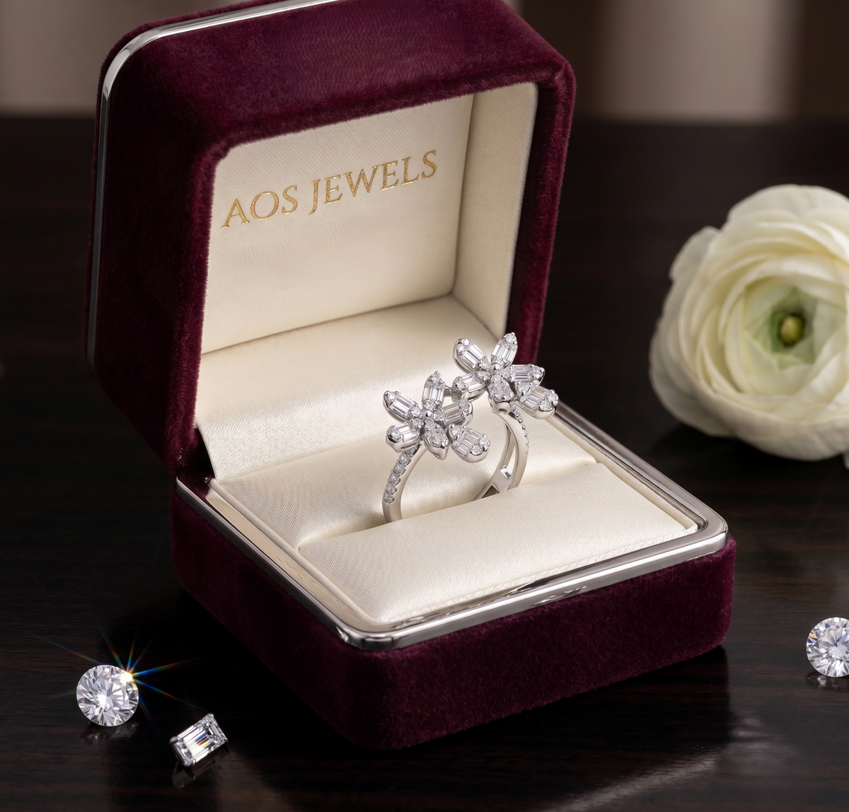Sterling Silver Baguette Floral Duo Ring