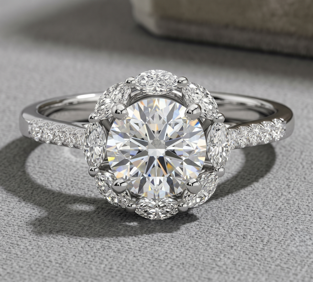Sterling Silver Round Brilliant Ring with Pave Shoulders