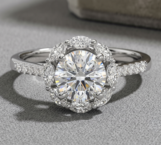 Sterling Silver Round Brilliant Ring with Pave Shoulders
