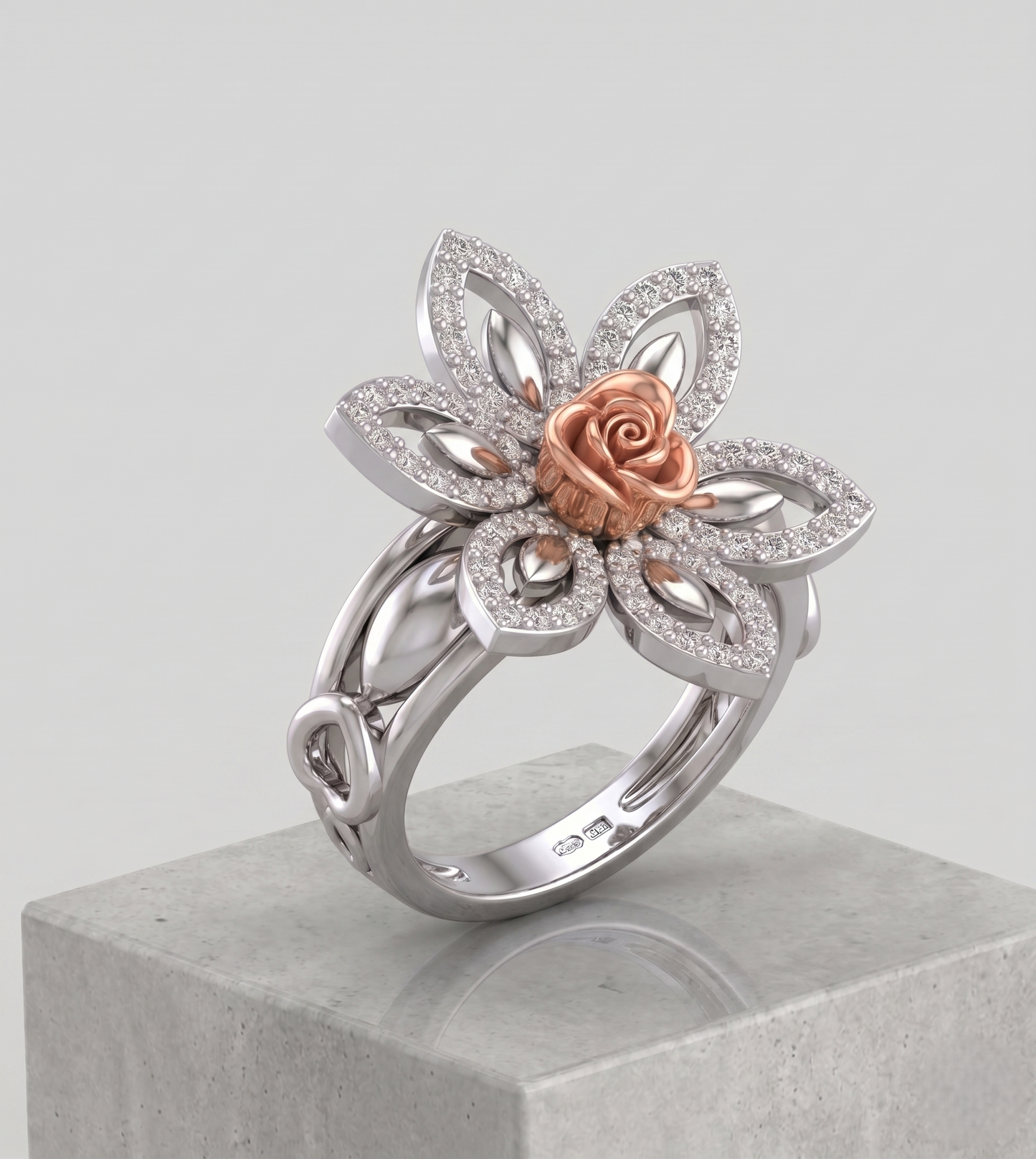 Two-Tone Silver and Rose Gold Floral moissanite Ring