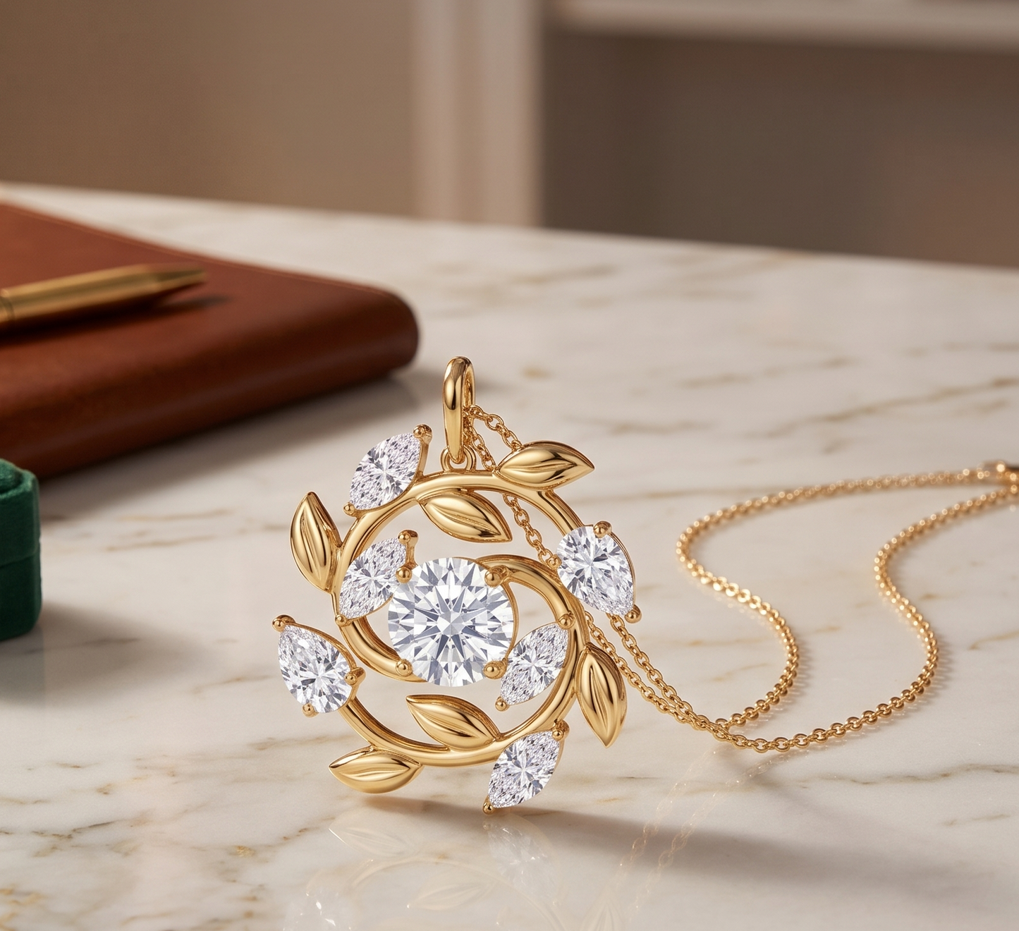 A silver-tone floral pendant necklace round stones leaf-like swirls,